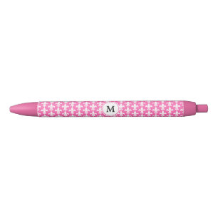Stylo Noir Monogramme Blanc et rose chaud Fleur de Lis Motif
