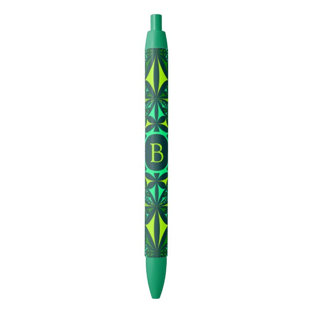 Stylo Noir Monogramme de kaléidoscope vert émeraude (devant Vertical)