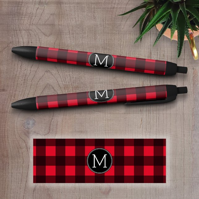 Stylo Noir Monogramme de Motif de buffle rouge et noir rustiq (Custom Pen - Personalize this writing pen with you name, monogram or other text)