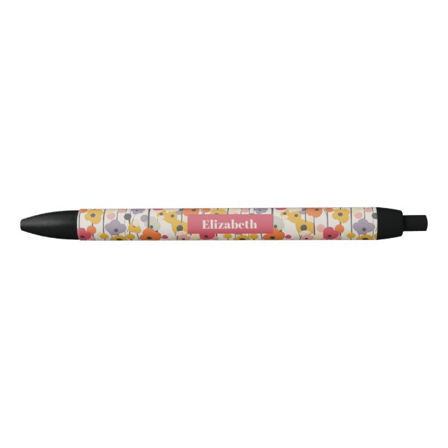 Stylo Noir Monogramme de motif floral rétro (Devant)