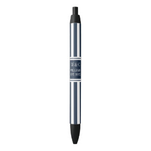 Stylo Noir Monogramme de nom de famille bleu marine rayure bl
