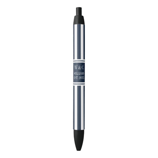 Stylo Noir Monogramme de nom de famille bleu marine rayure bl (devant Vertical)