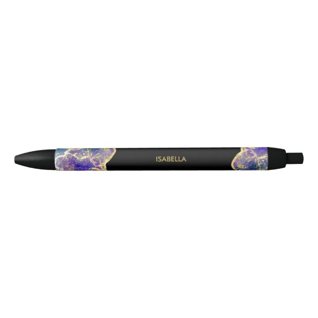 Stylo Noir Monogramme de nom en pierre précieuse d'opale doré (Devant)