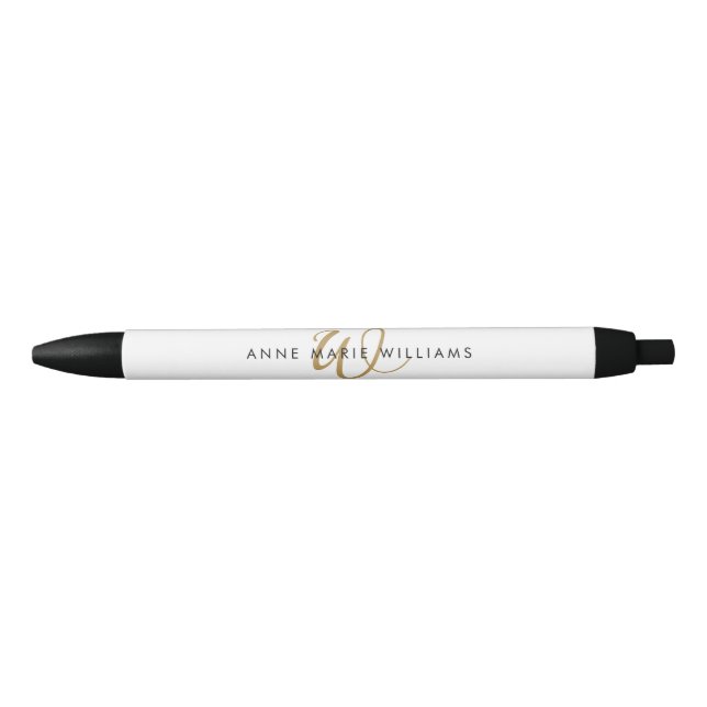 Stylo Noir Monogramme de script en or blanc moderne (Devant)