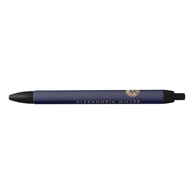 Stylo Noir Monogramme d'or bleu marine moderne (Devant)