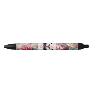 Stylo Noir Monogramme et nom sur fleurs aquarelles vintage