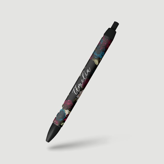Stylo Noir Monogramme Fleur Élégant Turquoise Foncé Rouge (Créateur téléchargé)