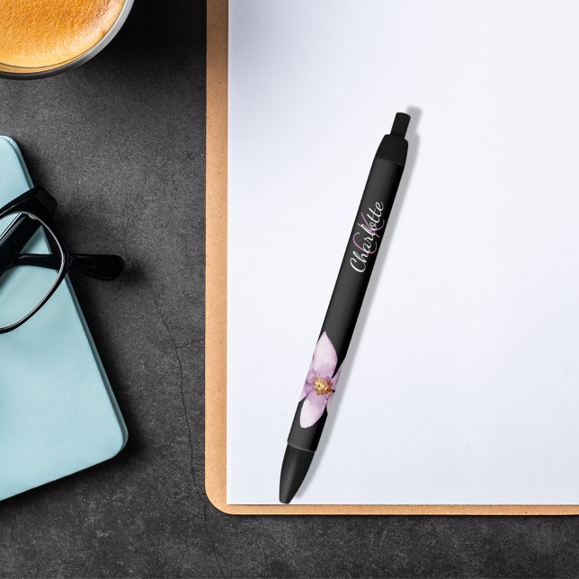 Stylo Noir monogramme floral violet noir (Créateur téléchargé)