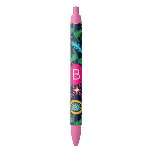 Stylo Noir Monogramme Foncé Bleu Floral Chaotique Coloré Lumi