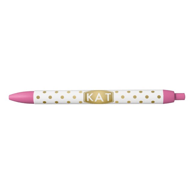 Stylo Noir Monogramme Girly de motif de pois d'or de parties (Devant)