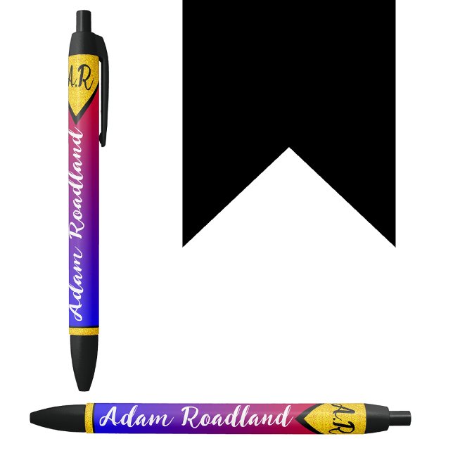 Stylo Noir Monogramme Initial Moderne de Nom, Luxe Abordable (Modern style pen
Blue red gold pen
Initial monogrammed name pen
Affordable luxury pen)