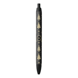 Stylo Noir Monogramme Joyeux sapin de Noël Neige Or Star