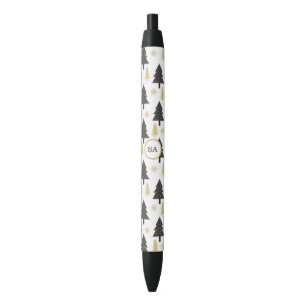 Stylo Noir Monogramme Joyeux sapin de Noël Snowflake Or Blanc