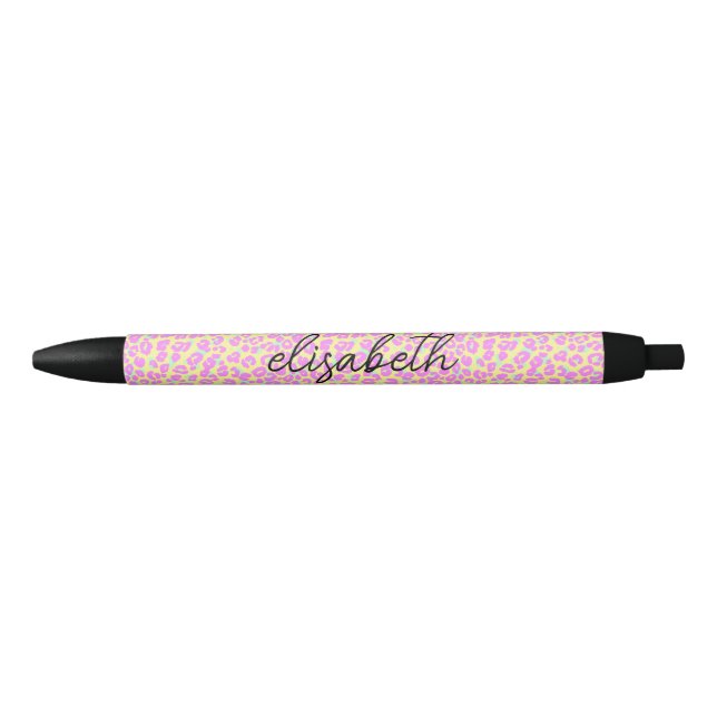 Stylo Noir Monogramme Motif de peau de léopard rose moderne (Devant)