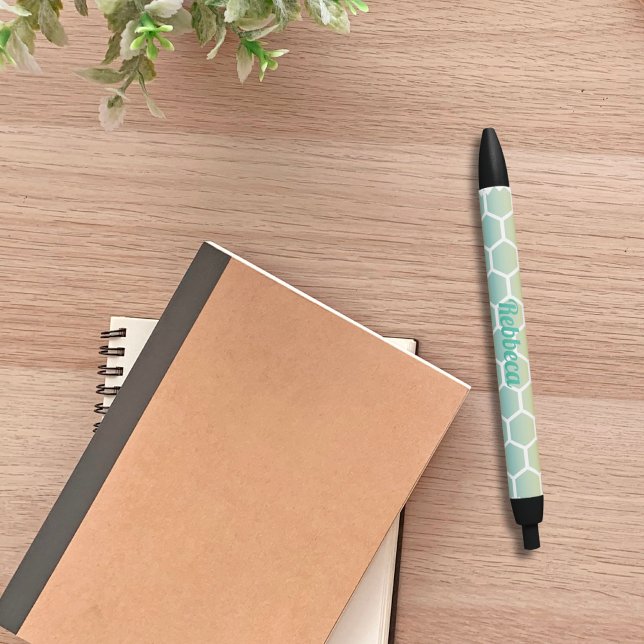 Stylo Noir Monogramme Motif géométrique Hexagon bleu moderne (Créateur téléchargé)