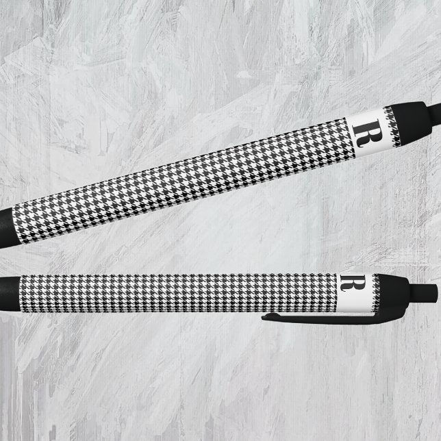Stylo Noir Monogramme | Motif Houndstooth Noir Blanc Encre (Créateur téléchargé)