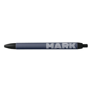 Stylo Noir Monogramme Nom Bleu Nuit Blanc Rayures Modernes