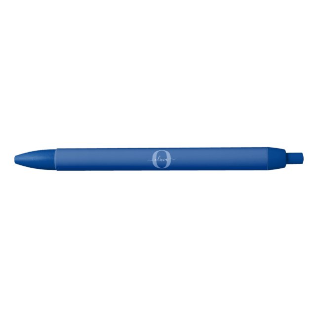 Stylo Noir Monogramme personnalisé Nom du script Bleu Blanc (Devant)