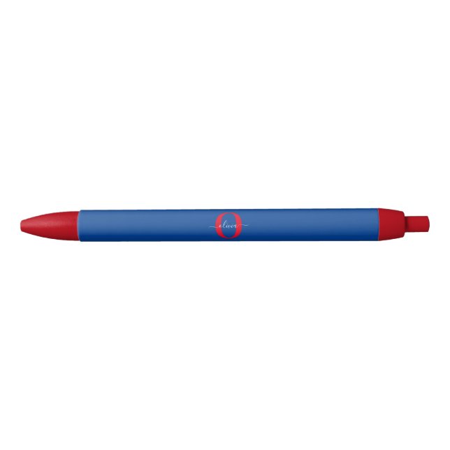 Stylo Noir Monogramme personnalisé Nom du script Bleu Blanc R (Devant)