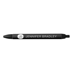 Stylo Noir Monogramme personnalisé nom simple blanc noir