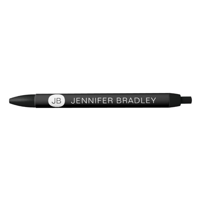 Stylo Noir Monogramme personnalisé nom simple blanc noir (Devant)