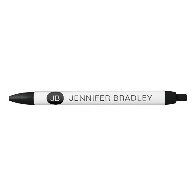 Stylo Noir Monogramme personnalisé nom simple blanc noir (Devant)