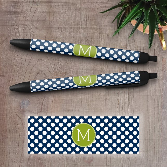 Stylo Noir Monogramme personnalisé Pois bleu marine et vert c (Personalized writing pen - Add a Photo and Text)