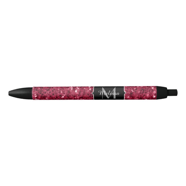 Stylo Noir Monogramme rose foncé magenta faux scintillants (Devant)