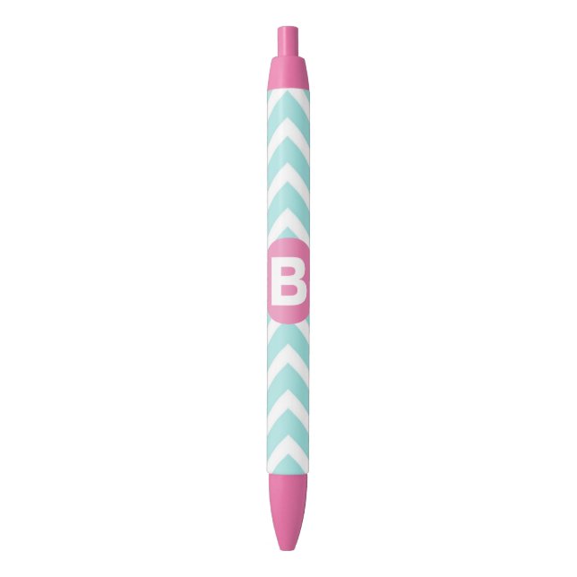 Stylo Noir Monogramme Rose Pâle Chevron Bleu Clair Tendance (devant Vertical)
