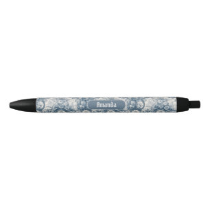 Stylo Noir monogramme vintage fleuri Blue toile de jouy