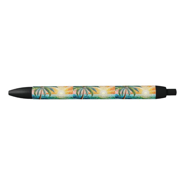 Stylo Noir Mosaic Tropical Beach Coucher de soleil Palmiers (Devant)