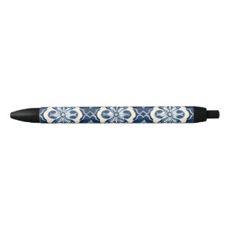 Stylo Noir Motif à fleurs bleu et blanc
