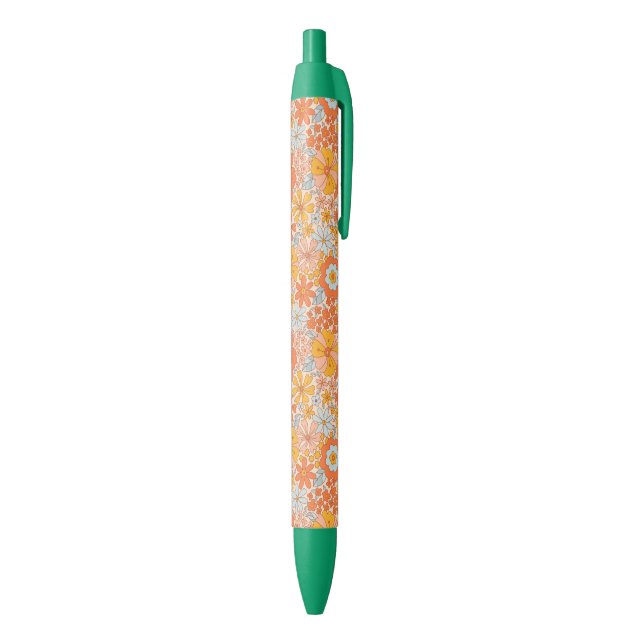 Stylo Noir Motif à fleurs Orange Retro (Bas (Vertical))