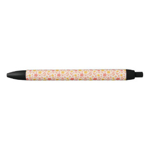 Stylo Noir Motif à fleurs rose et jaune