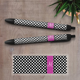 Stylo Noir Motif à points rose et noir avec Monogramme