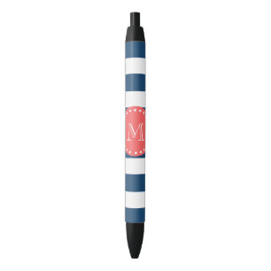 Stylo Noir Motif blanc de rayures de bleu marine, monogramme