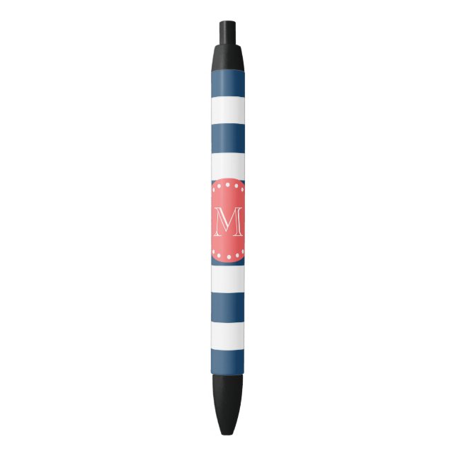 Stylo Noir Motif blanc de rayures de bleu marine, monogramme (devant Vertical)