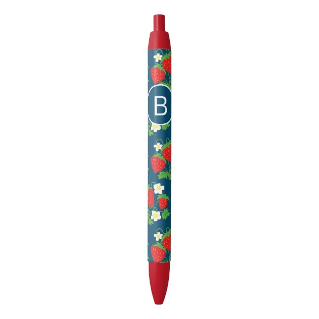 Stylo Noir Motif bleu fraise et fleur Monogramme (devant Vertical)