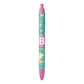Stylo Noir Motif botanique aux feuilles sarcelles avec monogr