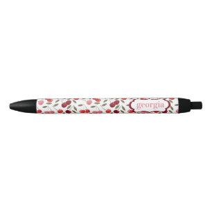 Stylo Noir Motif Cerise Rose Rouge Sucrée Monogramme