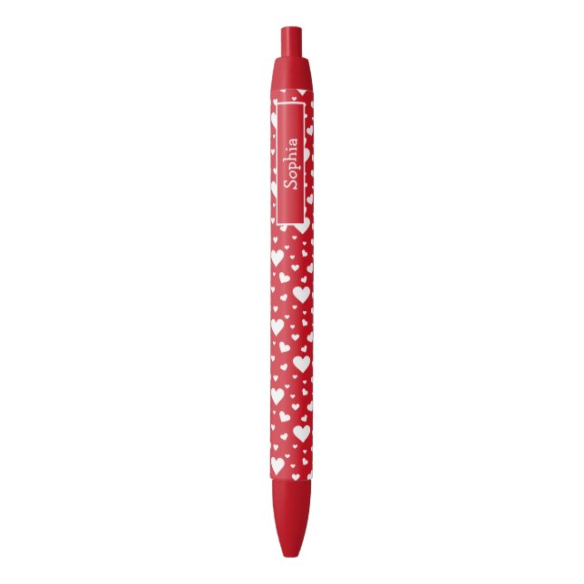 Stylo Noir Motif Coeur Blanc En Rouge Avec Nom Personnalisé (devant Vertical)