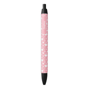 Stylo Noir Motif Coeur Blanc Sur Rose Avec Nom Personnalisé