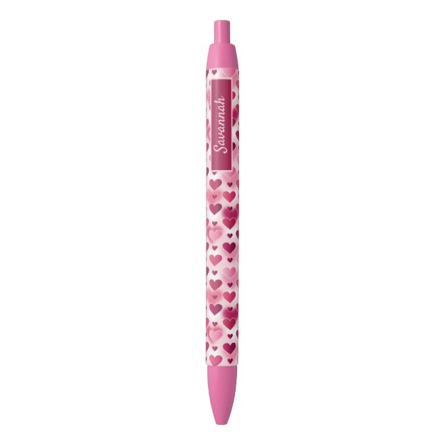 Stylo Noir Motif Coeurs roses avec nom personnalisé (devant Vertical)