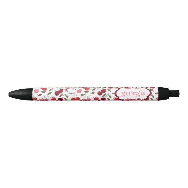 Stylo Noir Motif de cerisier rose doux | Monogramme (Devant)