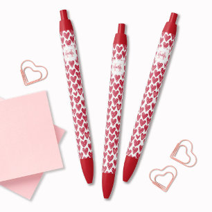 Stylo Noir Motif de cœur de la Saint-Valentin rouge monogramm