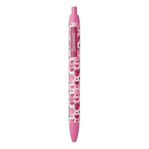 Stylo Noir Motif de cœurs roses avec nom personnalisé