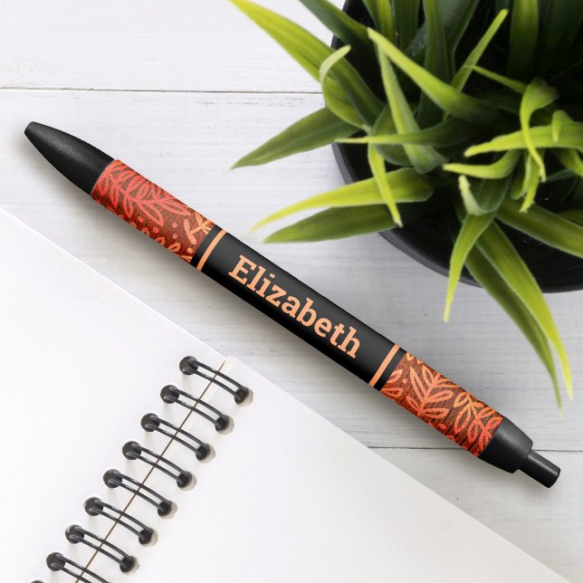 Stylo Noir Motif de feuilles orangées nom personnalisé modern (Créateur téléchargé)