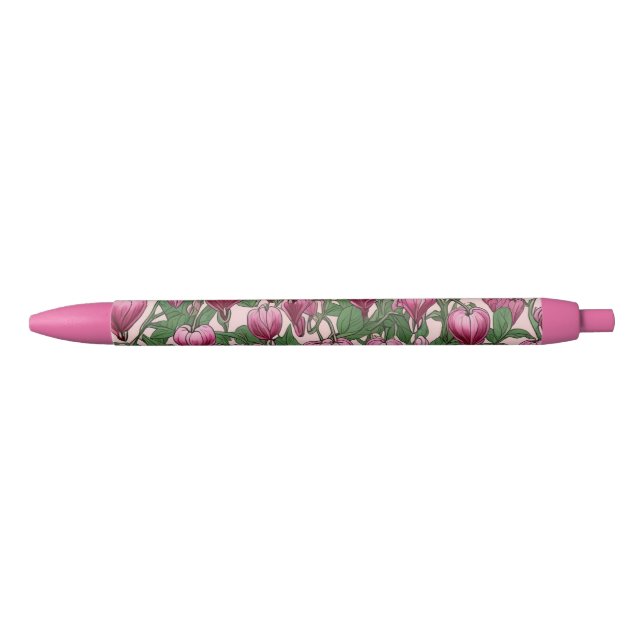 Stylo Noir Motif de fleur de coeur à saignement rose (Devant)