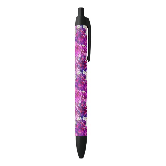 Stylo Noir Motif De Fleurs Abstraites Roses Et Violettes (Bas (Vertical))