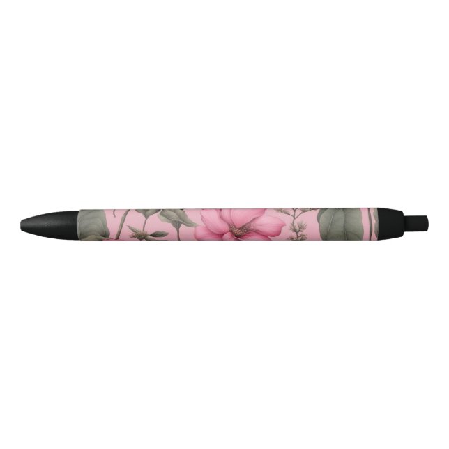 Stylo Noir Motif de fleurs botaniques roses (Devant)
